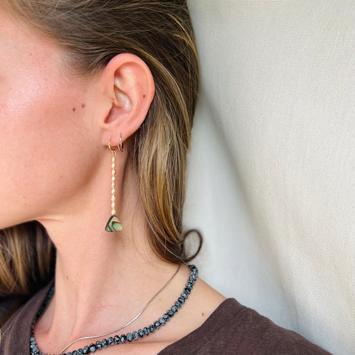 Drop earrings with rice pearls & abalone triangles.   Materials Matter: pink rice pearls & farm raised abalone beads on gold fill ear wires.  Made by Badass Women for Badass People: Designed in California by Carrie Marill and made by hand in her SoCal studio.   