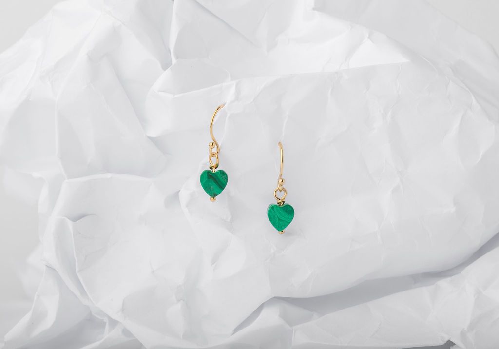 Malachite Hearts earrings on gold fill ear wires Malachite serves as a fiery protector of an open heart and restorative healer of a wounded heart - tiny talismans for your ears.