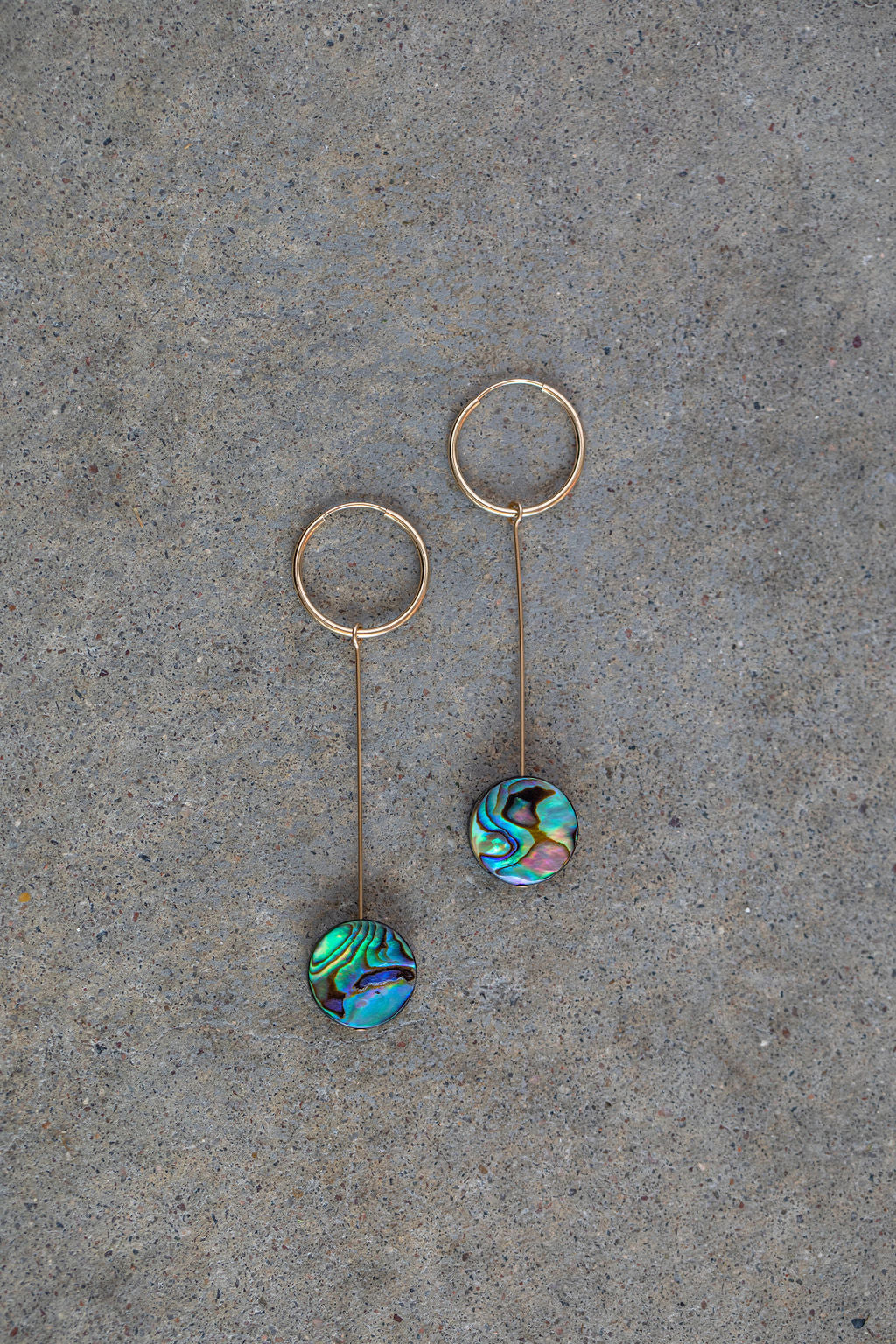 Minimalism from the Sea Iridescence Abalone Shell Discs on 14k gold fill wire & hoops. These hang down about 2".