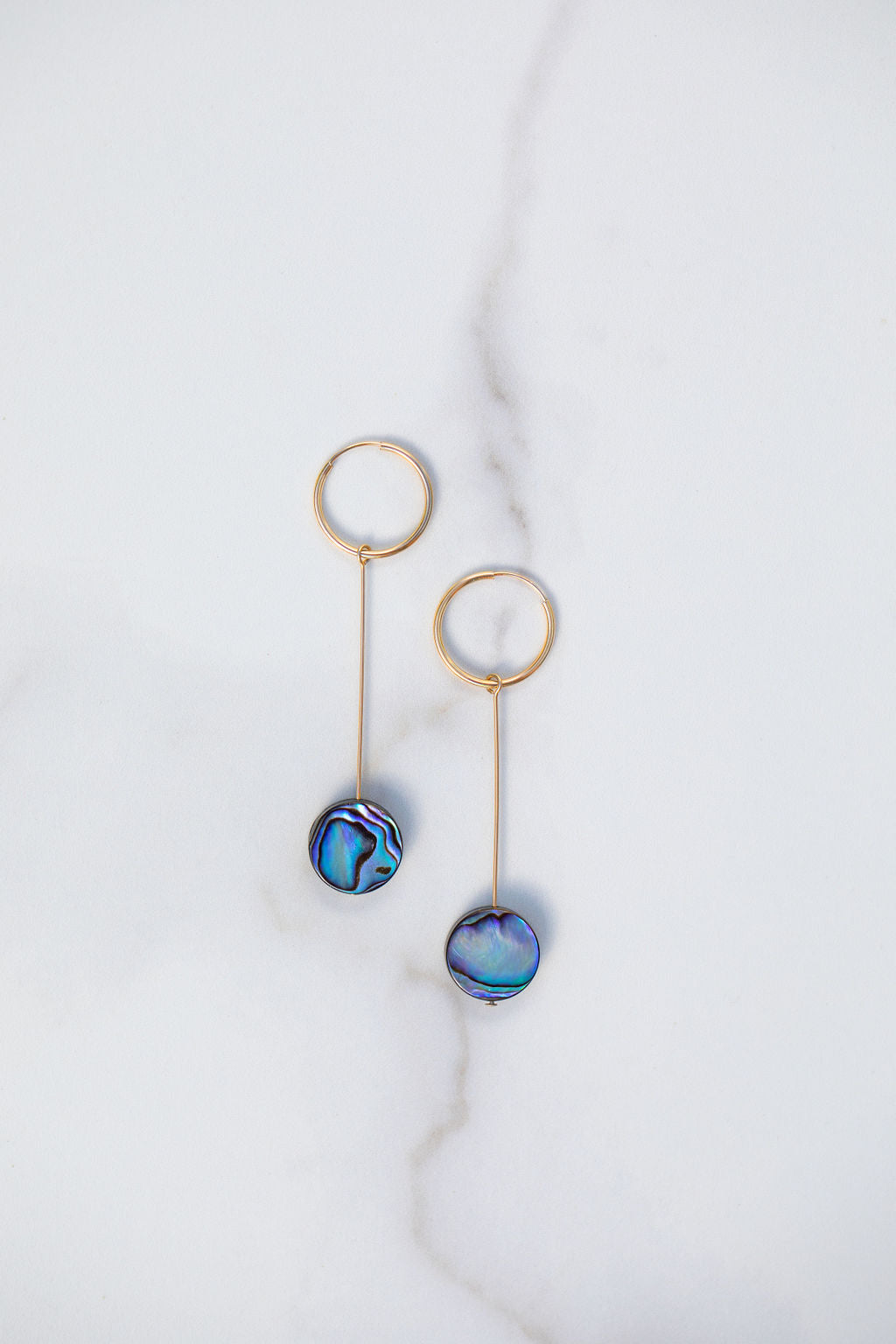 Minimalism from the Sea Iridescence Abalone Shell Discs on 14k gold fill wire & hoops. These hang down about 2".