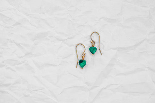 Malachite Hearts earrings on gold fill ear wires Malachite serves as a fiery protector of an open heart and restorative healer of a wounded heart - tiny talismans for your ears.