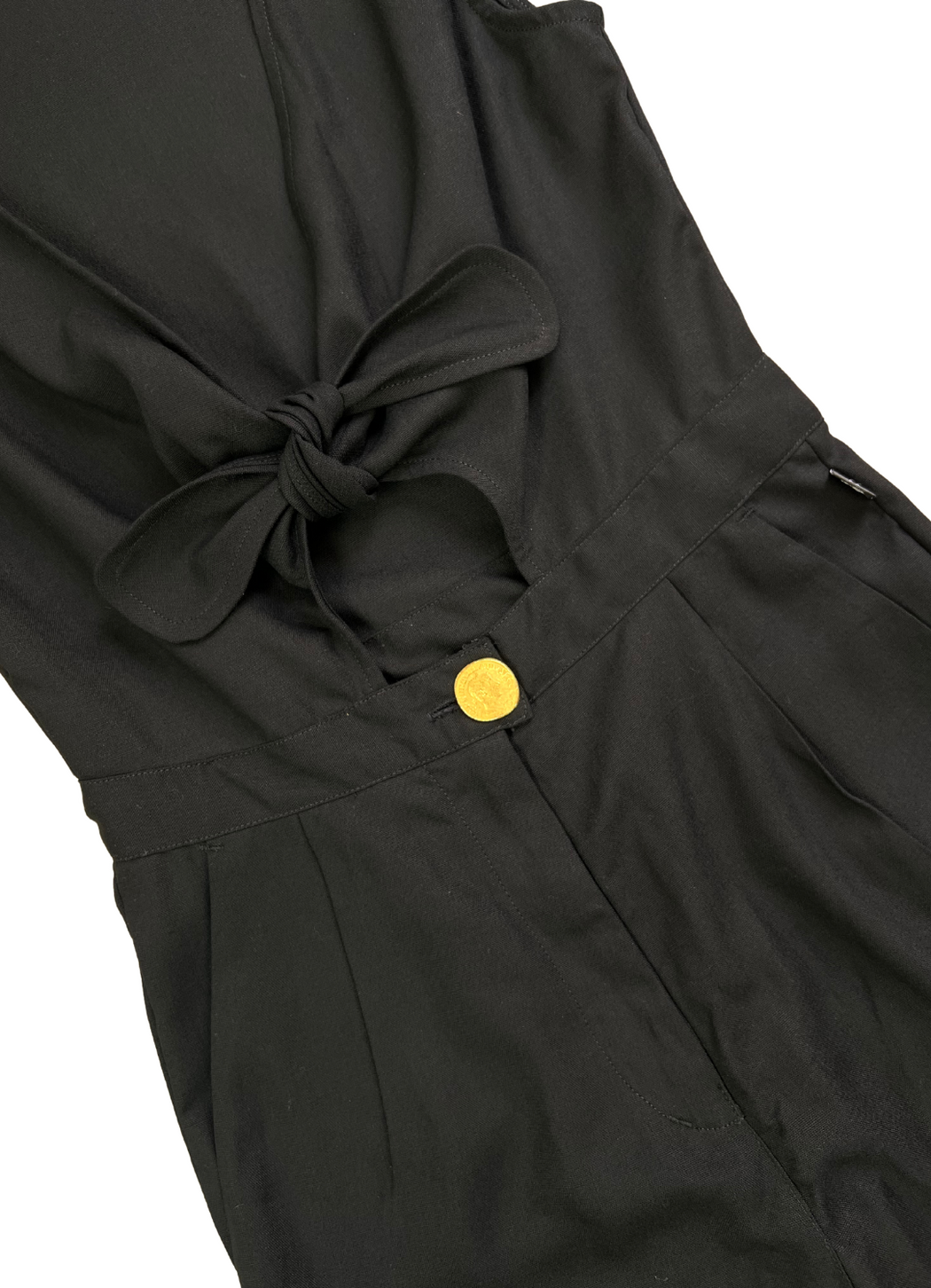 Black linen tie-front jumpsuit gold button
