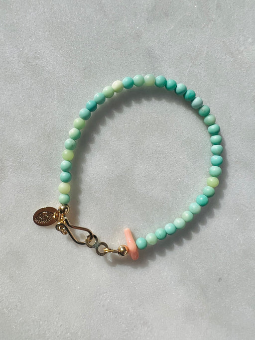 Chrysoprase 7” Bracelet accented with coral - Gold Fill clasp strung on coated gold wire. 