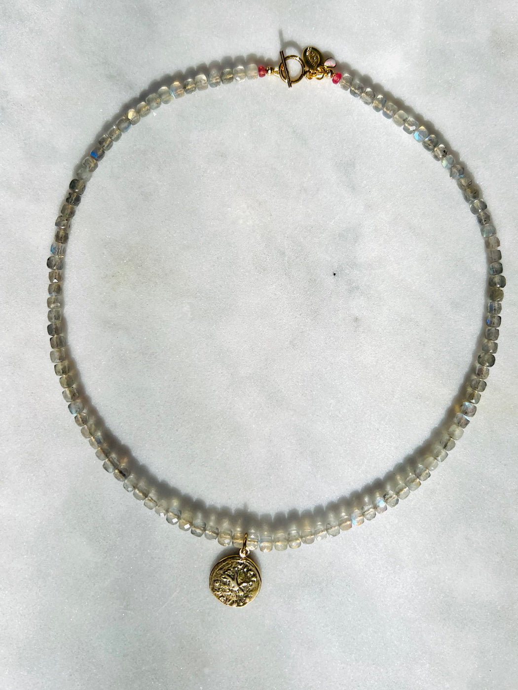 Labradorite 18" Necklace with Roman gold coin and ruby accents - Gold Fill clasp strung on coated gold wire.