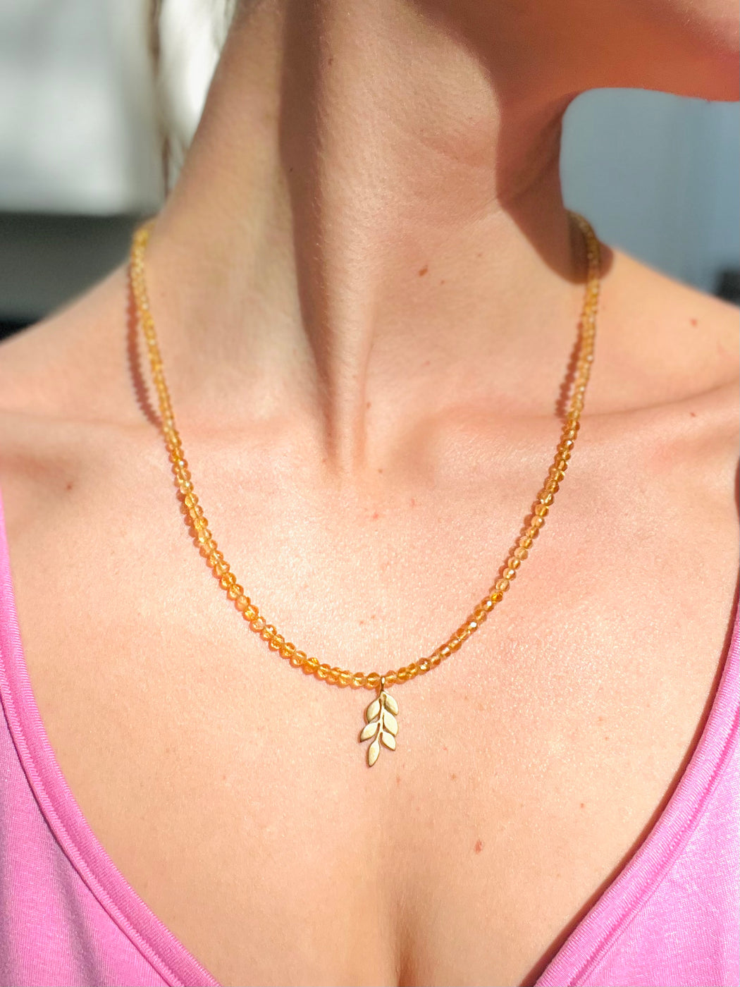 Citrine Necklace - strung on gold coated wire with gold fill clasp. Accented with Leaf charm. PUNKWASP by Carrie marill