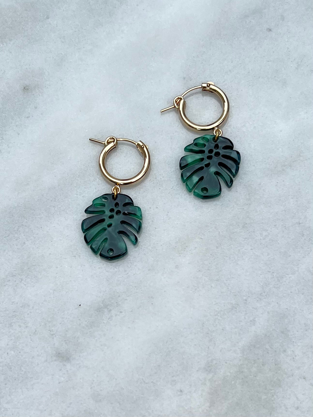 The Elegant Plant Lady Earrings   Light 15 x 22 mm 14k gold fill hoops with green acrylic monstera leaves. by PUNKWASP