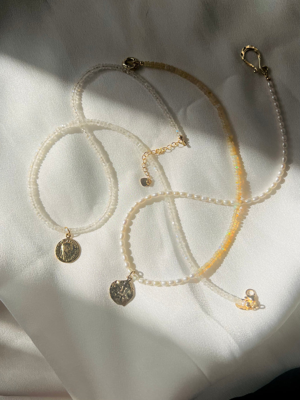 opal and pearl necklace with roman gold coin -- moonstone necklace with roman gold coin . jewelry designed by carrie marill