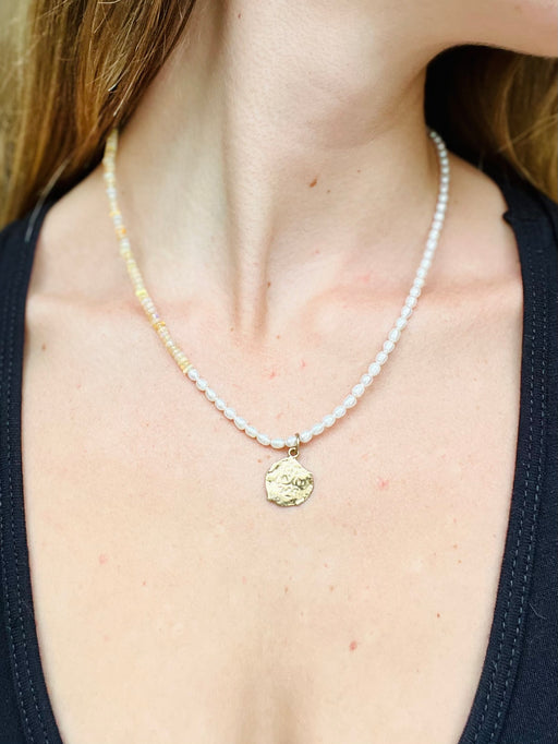 Ethiopian Opals & Pearl 18" Necklace with gold coin accent - Gold Fill clasp strung on coated gold wire.