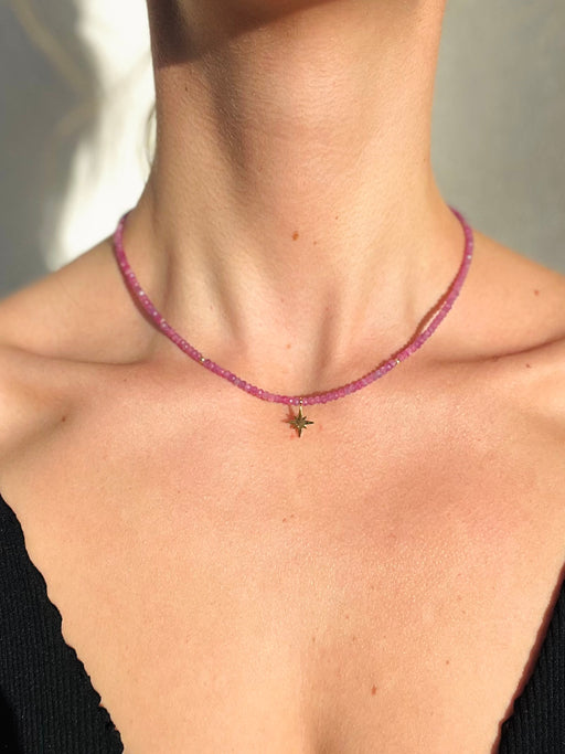 Illuminate the abundance that lives within you - Pink Sapphires remind us of the unlimited love & joy in the universe available to us.   Materials matter: Pink Sapphire's strung on coated gold wire with Gold Fill clasp & star charm.PUNKWASP by Carrie Marill.